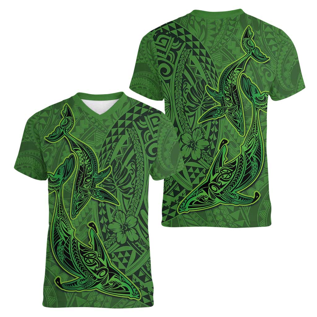 Hawaiian Whales Polynesian Art Motifs Women V-Neck T-Shirt Green Color - Polynesian Pride