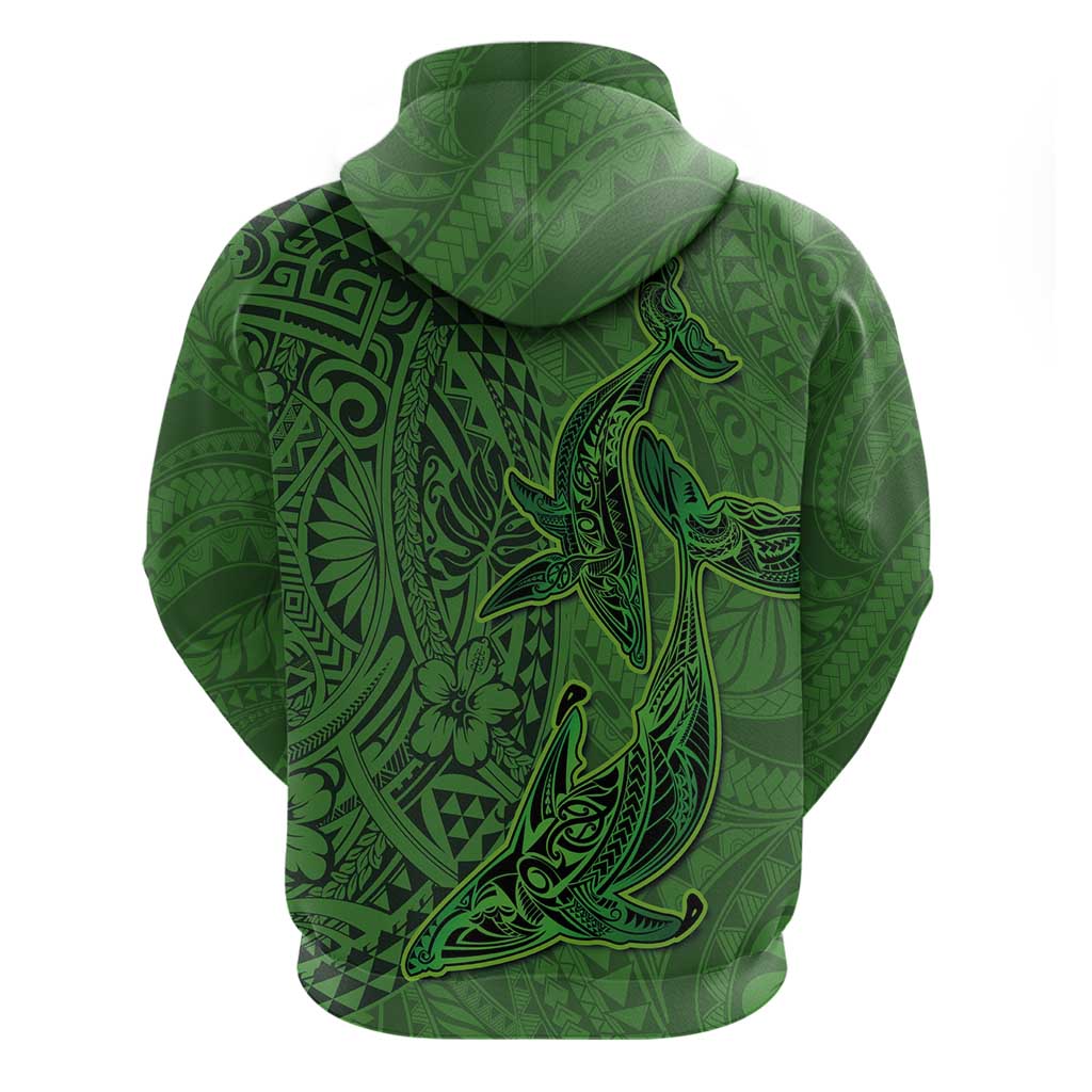 Hawaiian Whales Polynesian Art Motifs Zip Hoodie Green Color - Polynesian Pride