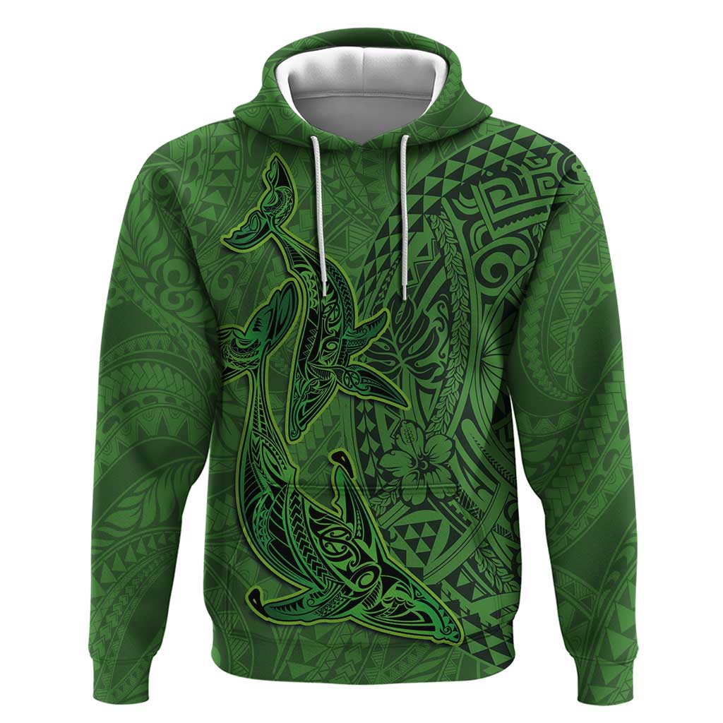 Hawaiian Whales Polynesian Art Motifs Zip Hoodie Green Color - Polynesian Pride