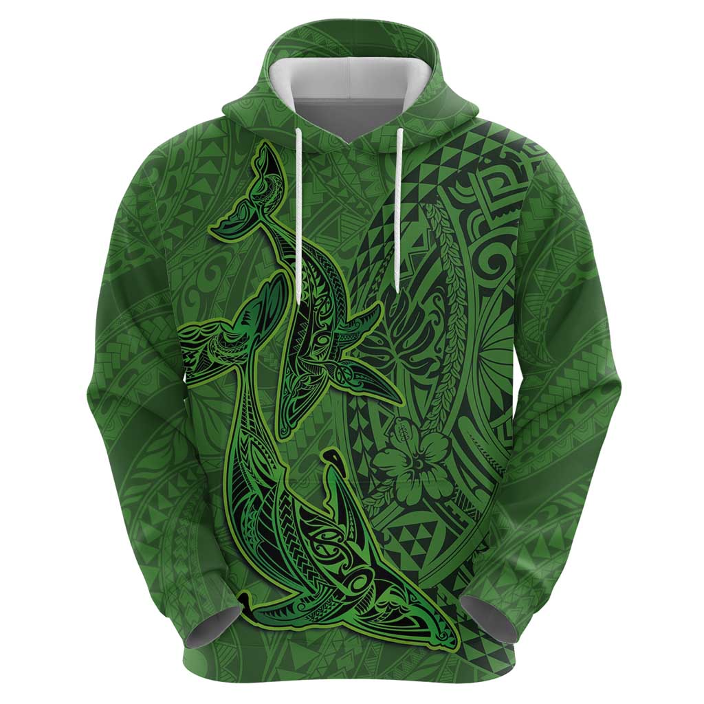 Hawaiian Whales Polynesian Art Motifs Zip Hoodie Green Color - Polynesian Pride