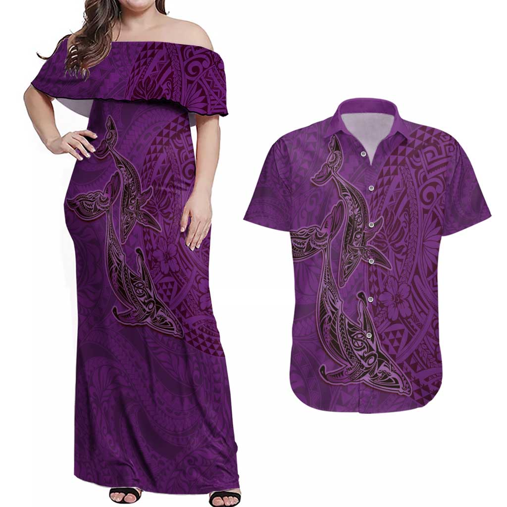 Hawaiian Whales Polynesian Art Motifs Couples Matching Off Shoulder Maxi Dress and Hawaiian Shirt Purple Color - Polynesian Pride