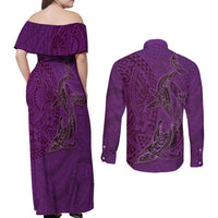 Hawaiian Whales Polynesian Art Motifs Couples Matching Off Shoulder Maxi Dress and Long Sleeve Button Shirt Purple Color - Polynesian Pride
