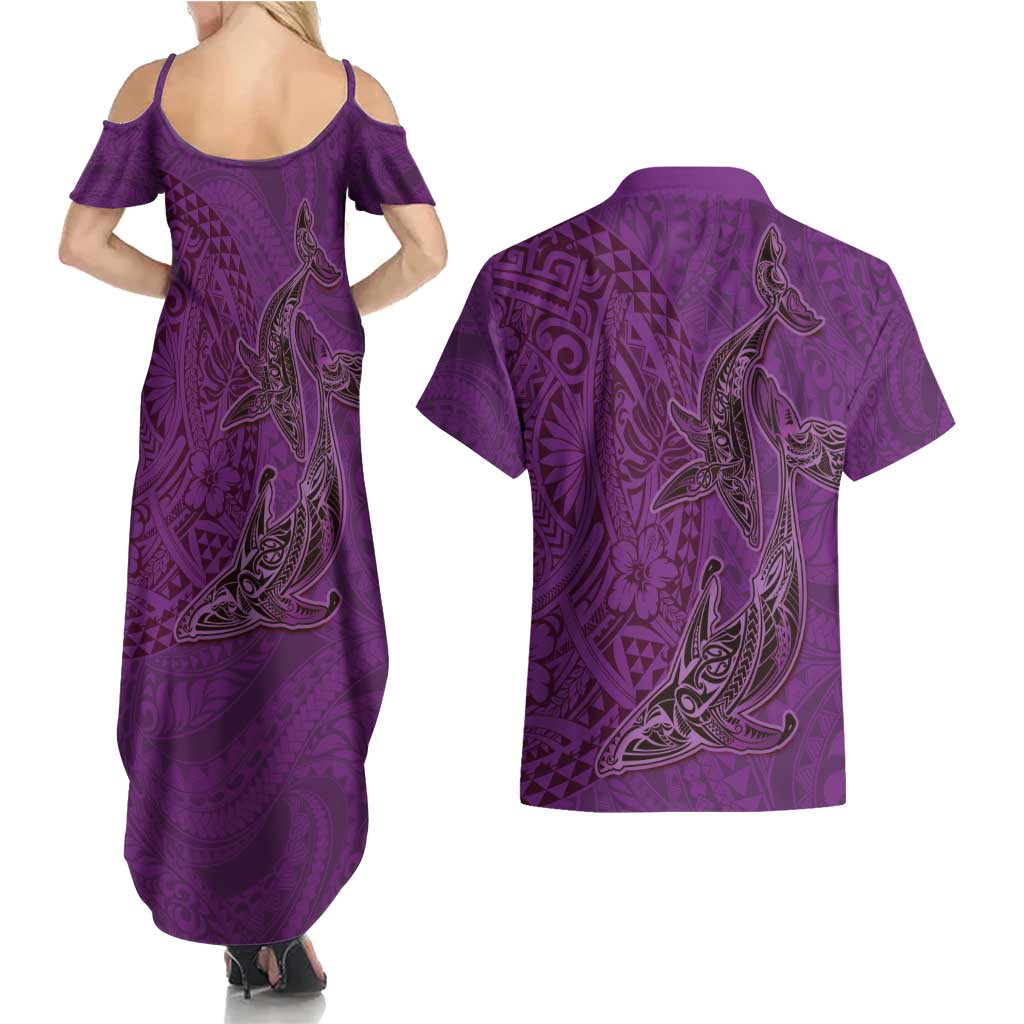 Hawaiian Whales Polynesian Art Motifs Couples Matching Summer Maxi Dress and Hawaiian Shirt Purple Color - Polynesian Pride