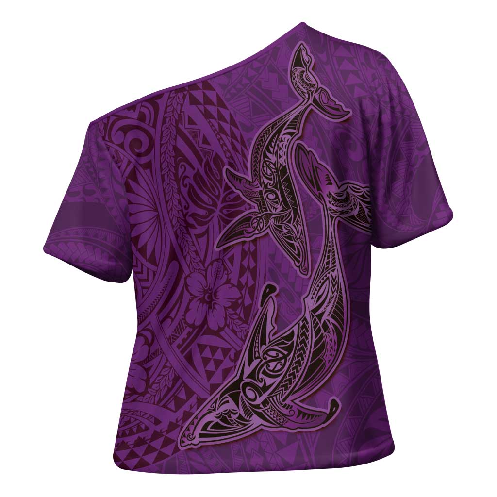 Hawaiian Whales Polynesian Art Motifs Cross Shoulder Shirt Purple Color LT03 - Polynesian Pride
