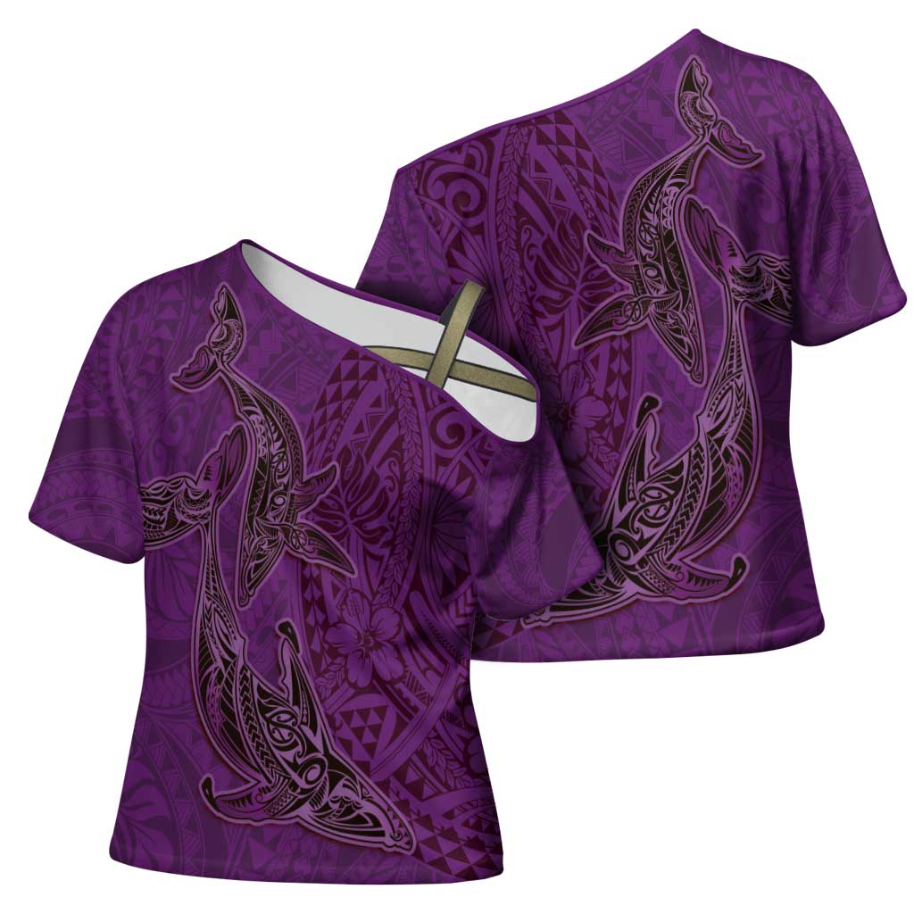 Hawaiian Whales Polynesian Art Motifs Cross Shoulder Shirt Purple Color LT03 - Polynesian Pride