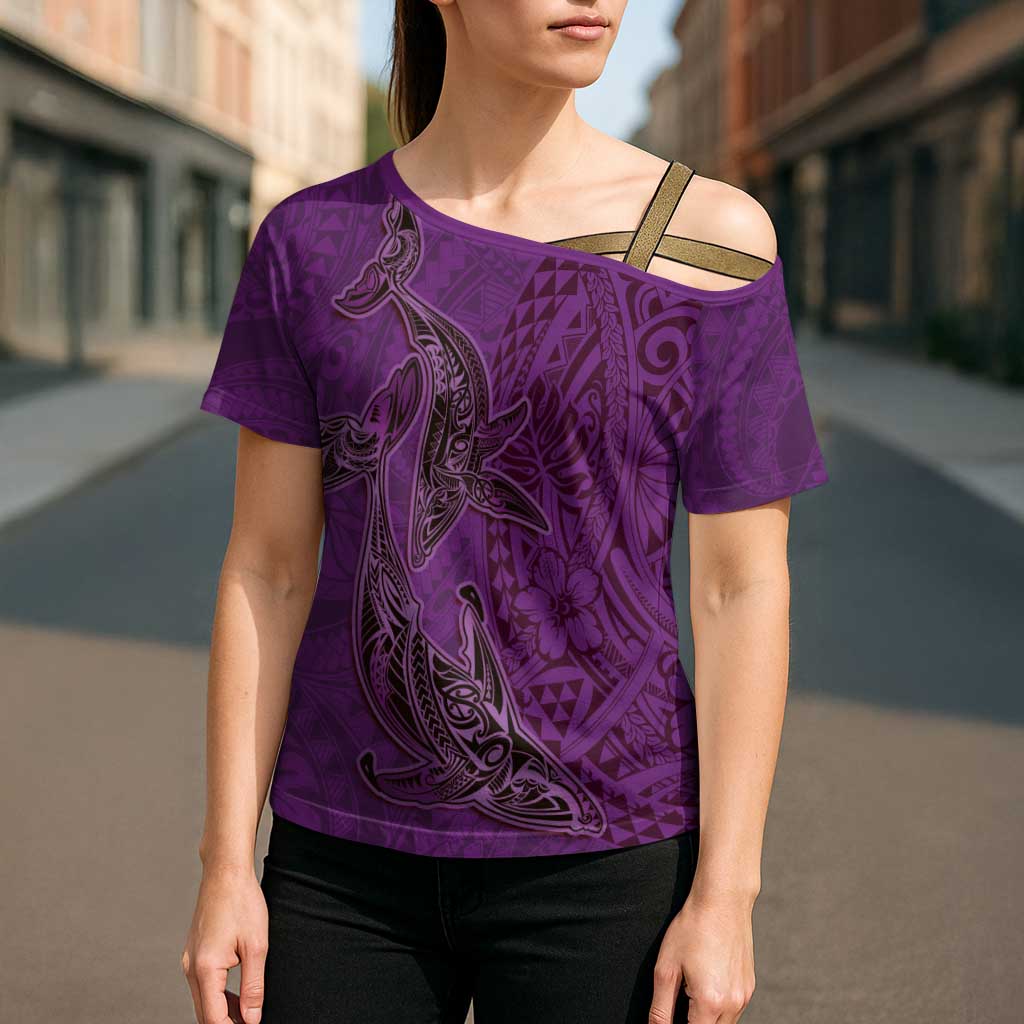 Hawaiian Whales Polynesian Art Motifs Cross Shoulder Shirt Purple Color LT03 - Polynesian Pride