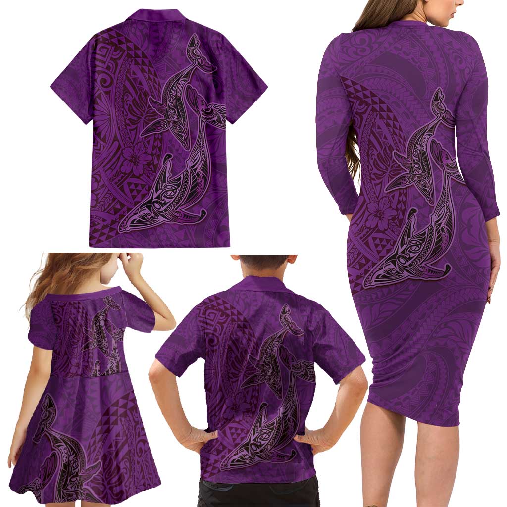 Hawaiian Whales Polynesian Art Motifs Family Matching Long Sleeve Bodycon Dress and Hawaiian Shirt Purple Color - Polynesian Pride