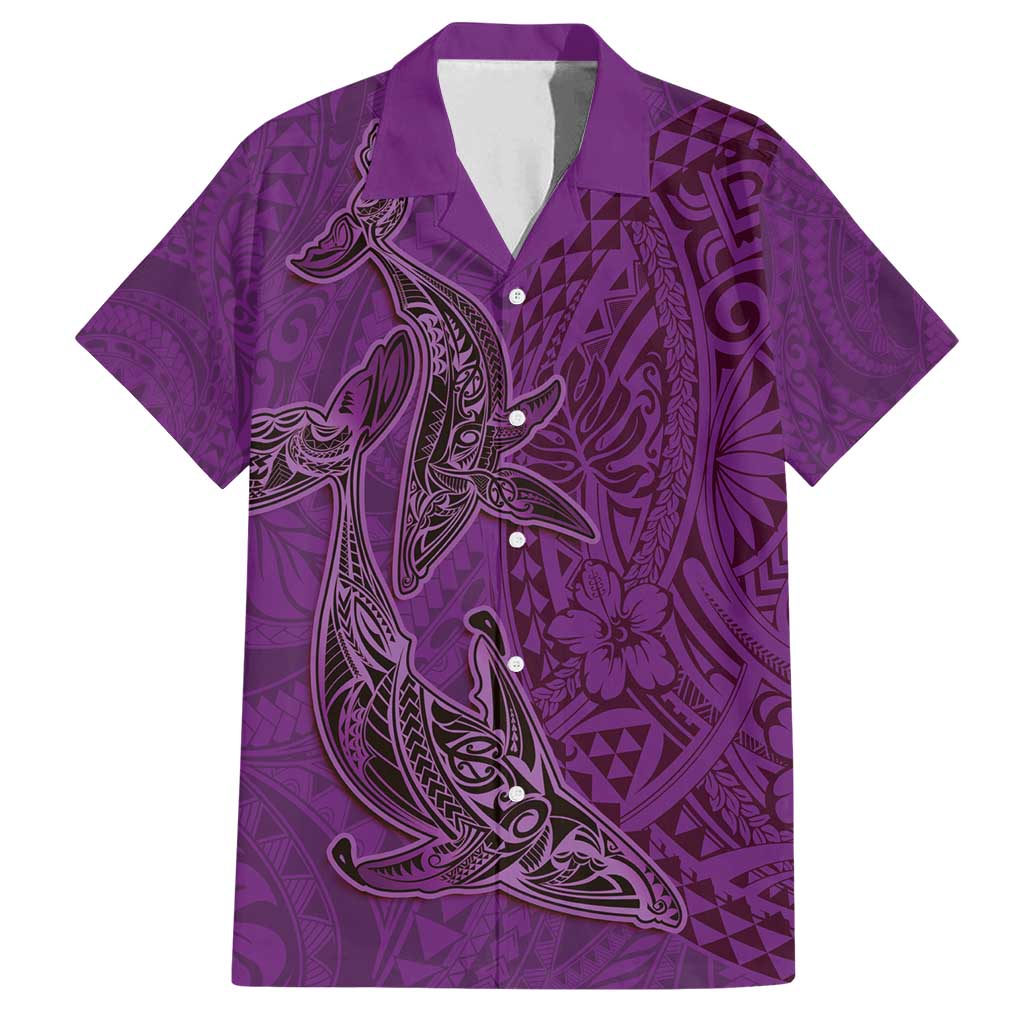 Hawaiian Whales Polynesian Art Motifs Family Matching Off Shoulder Short Dress and Hawaiian Shirt Purple Color - Polynesian Pride
