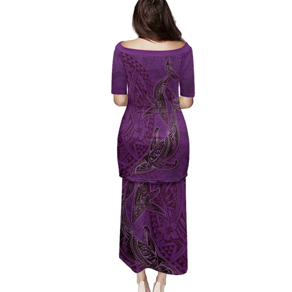 Hawaiian Whales Polynesian Art Motifs Family Matching Puletasi and Hawaiian Shirt Purple Color - Polynesian Pride