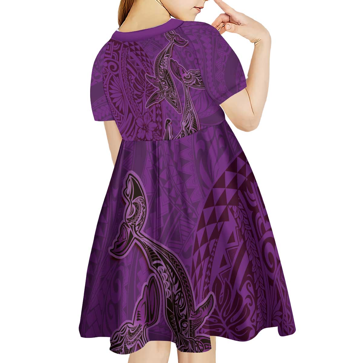 Hawaiian Whales Polynesian Art Motifs Kid Short Sleeve Dress Purple Color - Polynesian Pride