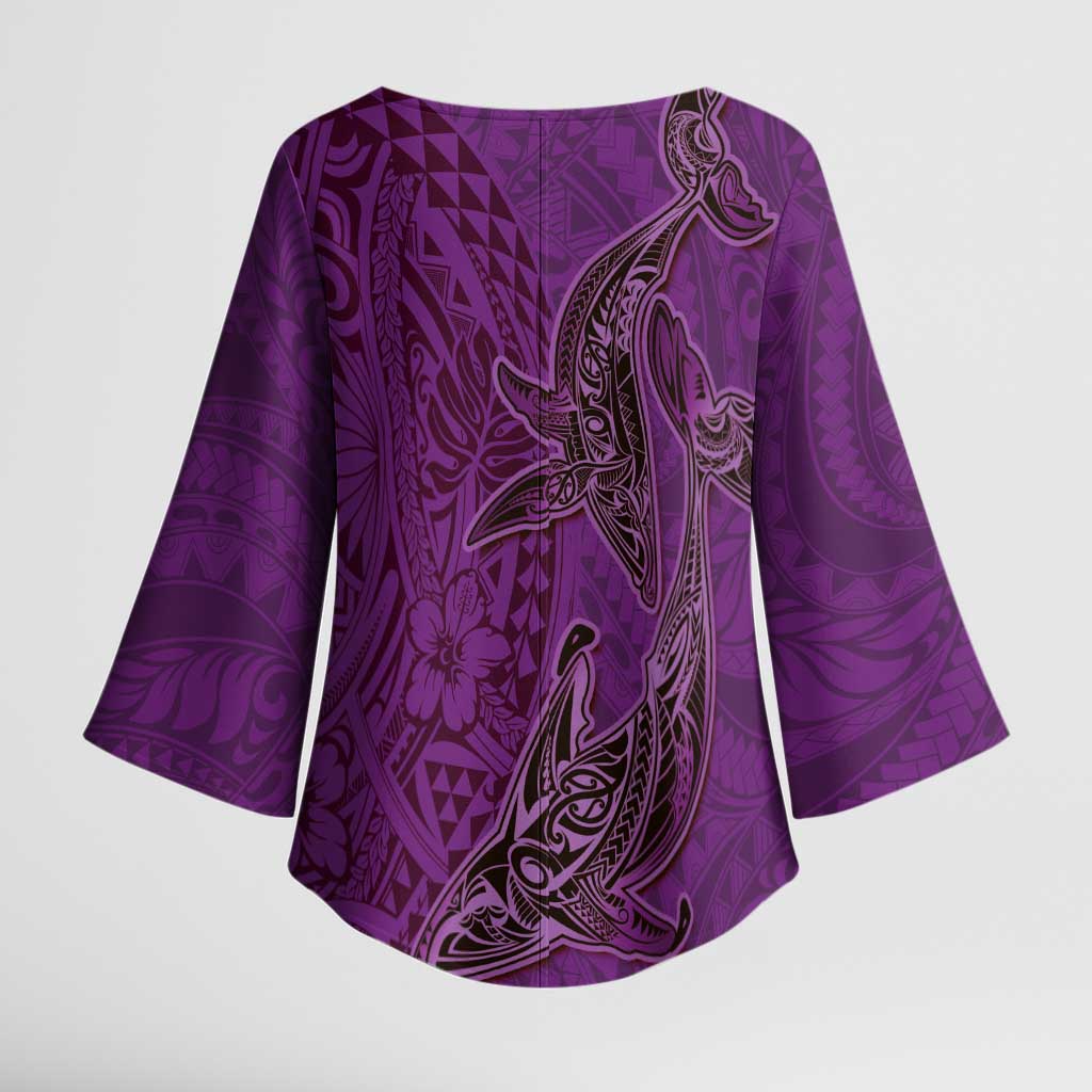 Hawaiian Whales Polynesian Art Motifs Kimono Sleeve Blouse Purple Color LT03 - Polynesian Pride