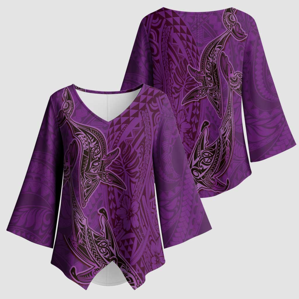 Hawaiian Whales Polynesian Art Motifs Kimono Sleeve Blouse Purple Color LT03 - Polynesian Pride