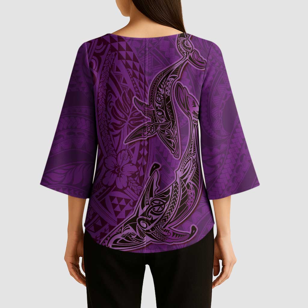 Hawaiian Whales Polynesian Art Motifs Kimono Sleeve Blouse Purple Color LT03 - Polynesian Pride