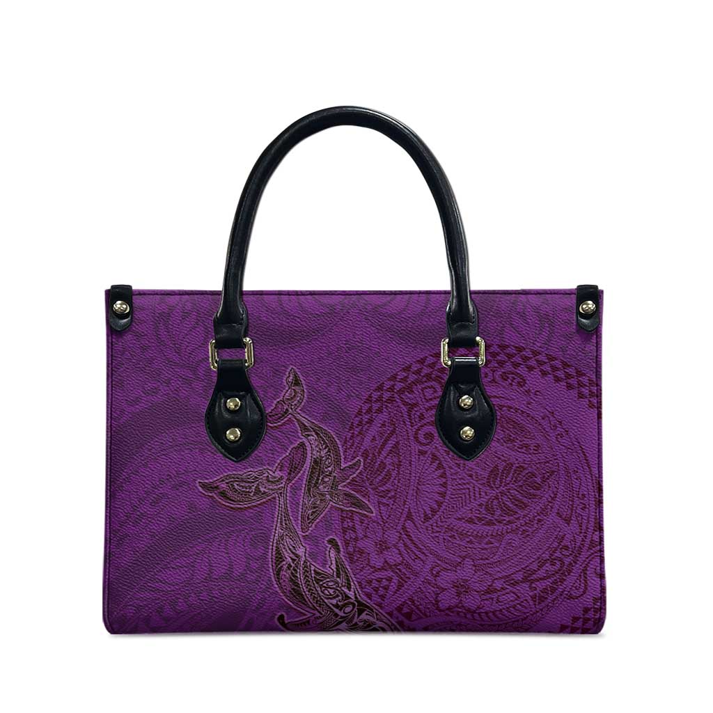 Hawaiian Whales Polynesian Art Motifs Leather Bag Purple Color - Polynesian Pride
