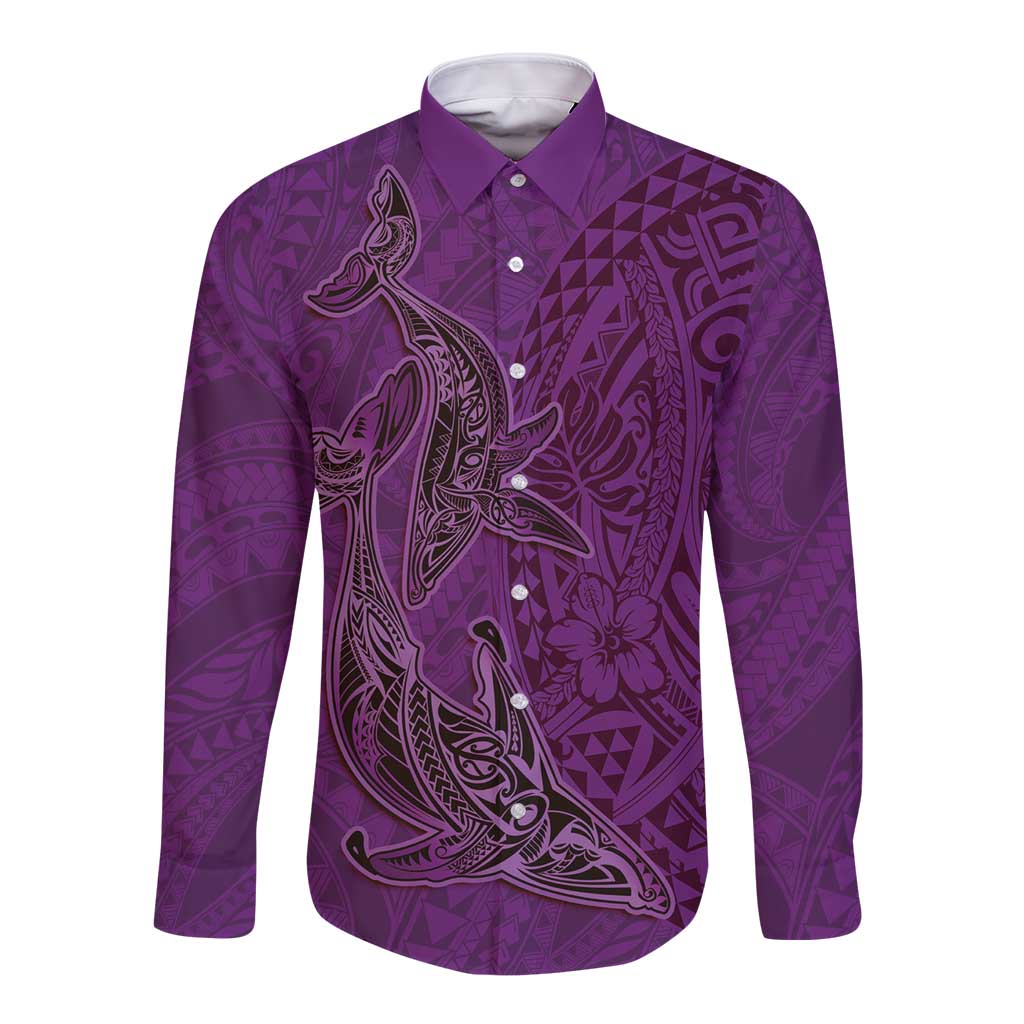 Hawaiian Whales Polynesian Art Motifs Long Sleeve Button Shirt Purple Color LT03 Unisex Purple - Polynesian Pride
