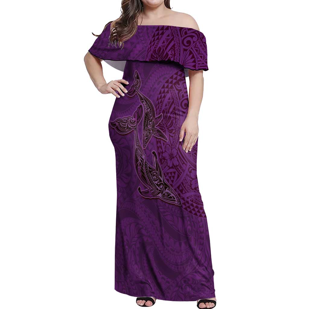 Hawaiian Whales Polynesian Art Motifs Off Shoulder Maxi Dress Purple Color - Polynesian Pride