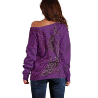 Hawaiian Whales Polynesian Art Motifs Off Shoulder Sweater Purple Color - Polynesian Pride