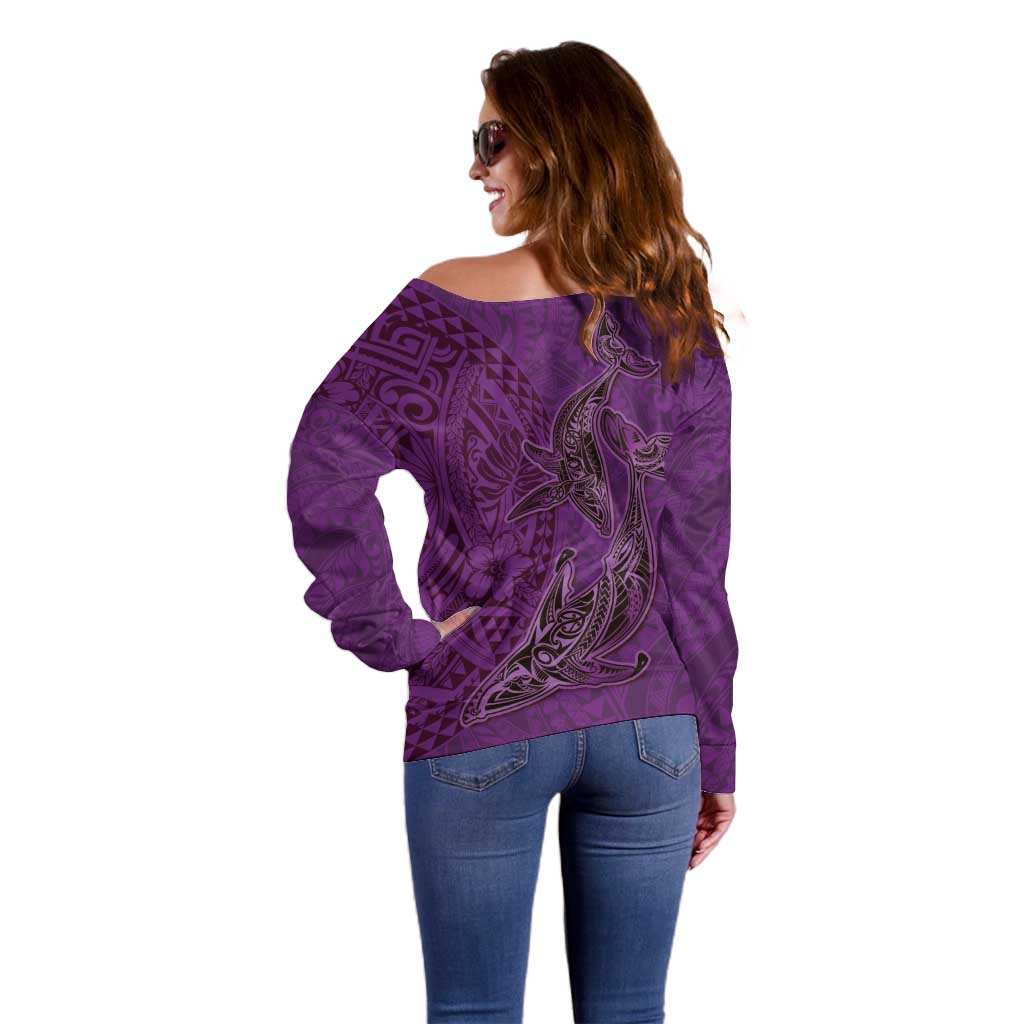 Hawaiian Whales Polynesian Art Motifs Off Shoulder Sweater Purple Color - Polynesian Pride