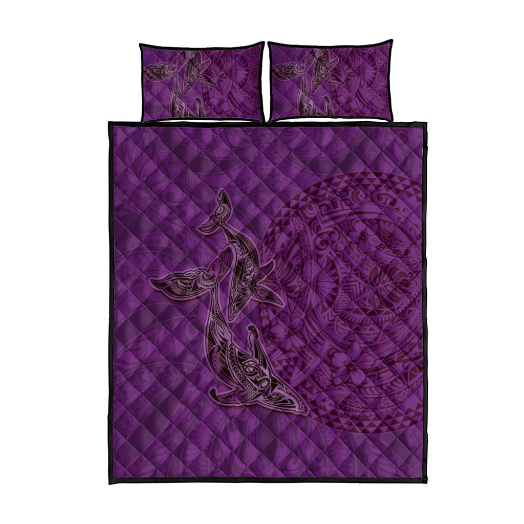 Hawaiian Whales Polynesian Art Motifs Quilt Bed Set Purple Color - Polynesian Pride