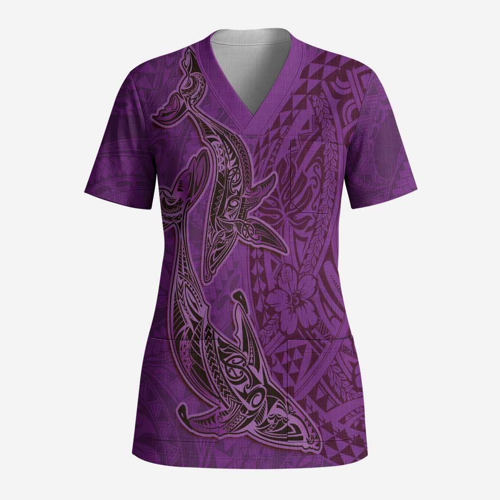 Hawaiian Whales Polynesian Art Motifs Scrub Top Purple Color - Polynesian Pride