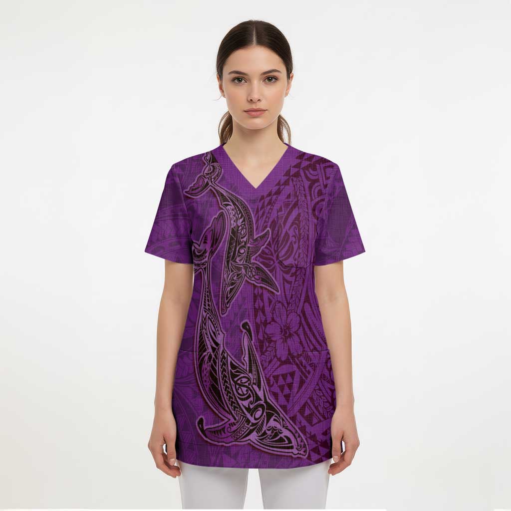 Hawaiian Whales Polynesian Art Motifs Scrub Top Purple Color - Polynesian Pride