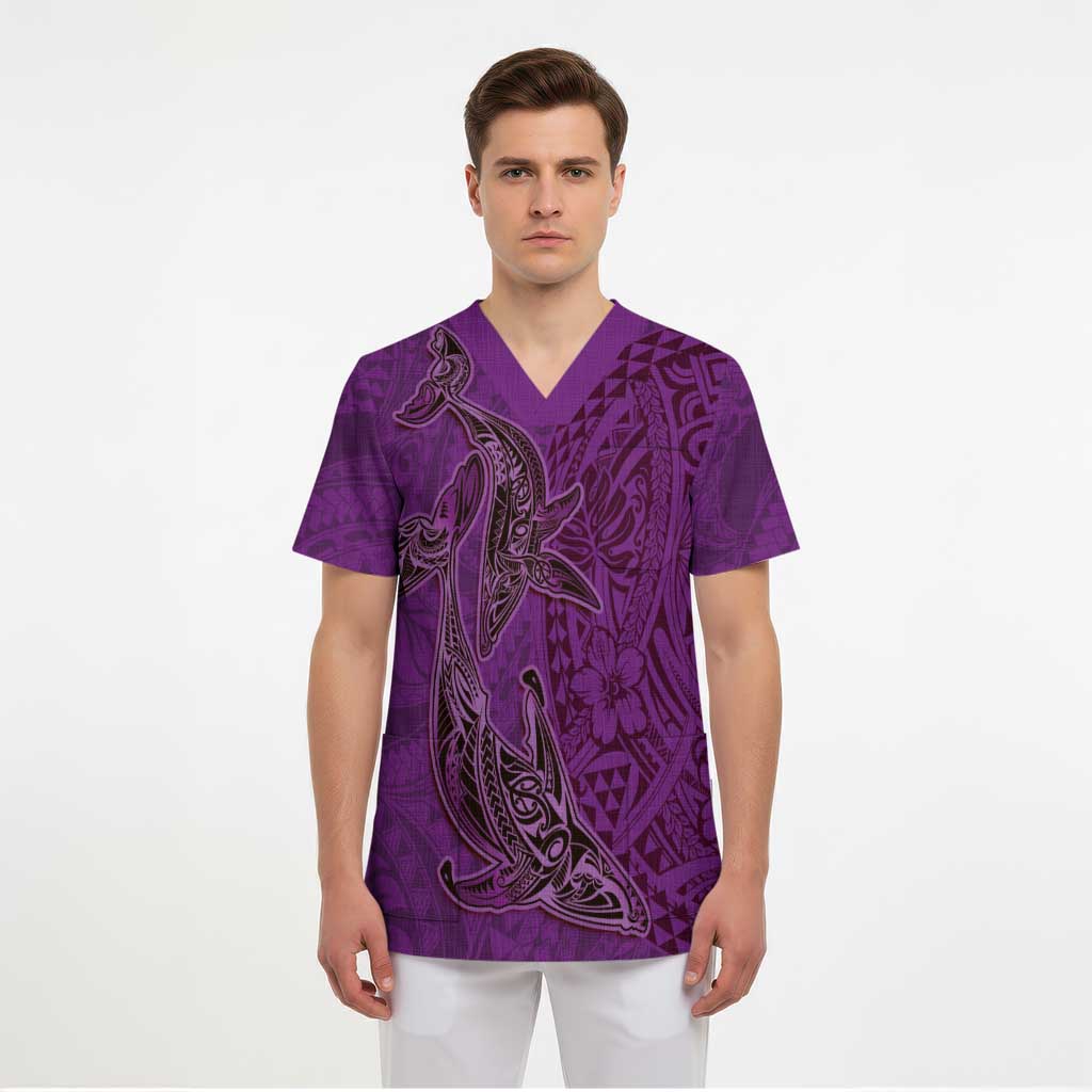 Hawaiian Whales Polynesian Art Motifs Scrub Top Purple Color - Polynesian Pride