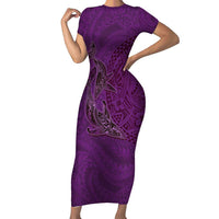 Hawaiian Whales Polynesian Art Motifs Short Sleeve Bodycon Dress Purple Color - Polynesian Pride