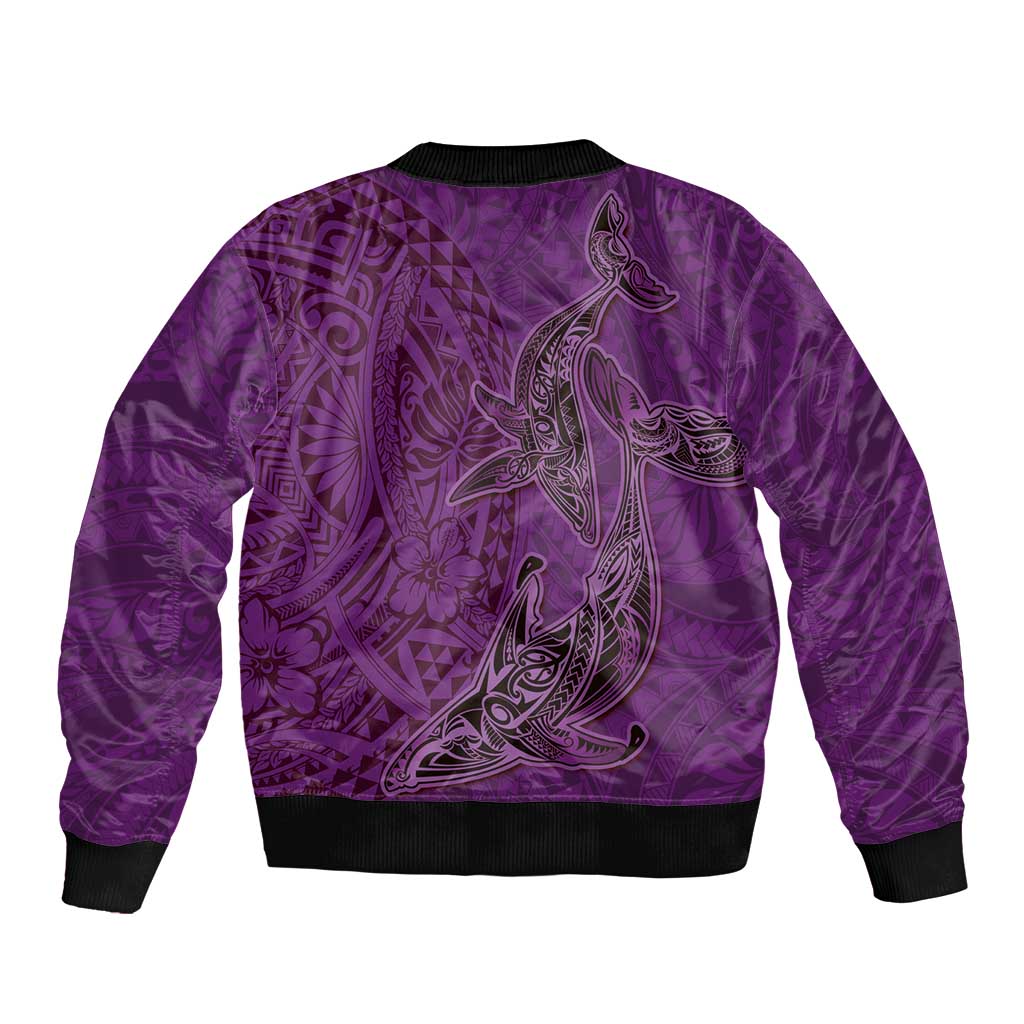 Hawaiian Whales Polynesian Art Motifs Sleeve Zip Bomber Jacket Purple Color - Polynesian Pride