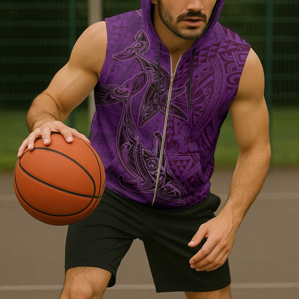 Hawaiian Whales Polynesian Art Motifs Sleeveless Zip Hoodie Purple Color - Polynesian Pride