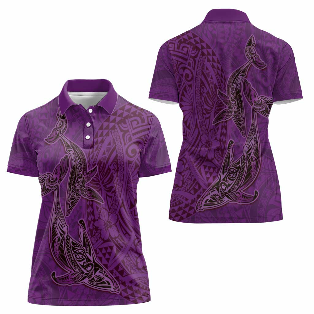 Hawaiian Whales Polynesian Art Motifs Women Polo Shirt Purple Color - Polynesian Pride
