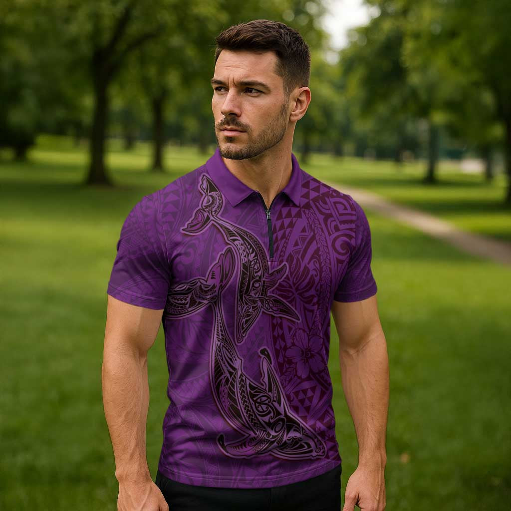 Hawaiian Whales Polynesian Art Motifs Zipper Polo Shirt Purple Color LT03 - Polynesian Pride
