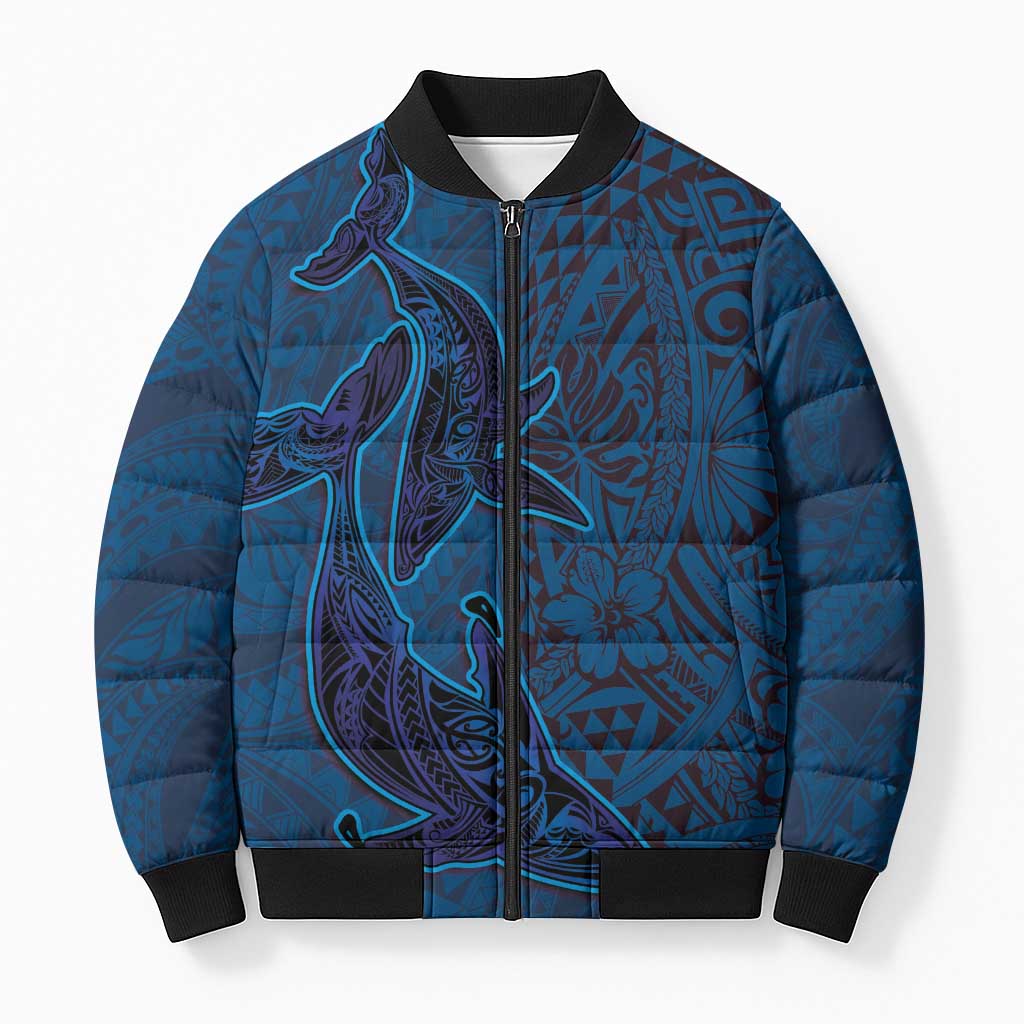 Hawaiian Whales Polynesian Art Motifs Bomber Puffer Jacket Blue Color LT03 Unisex Blue - Polynesian Pride