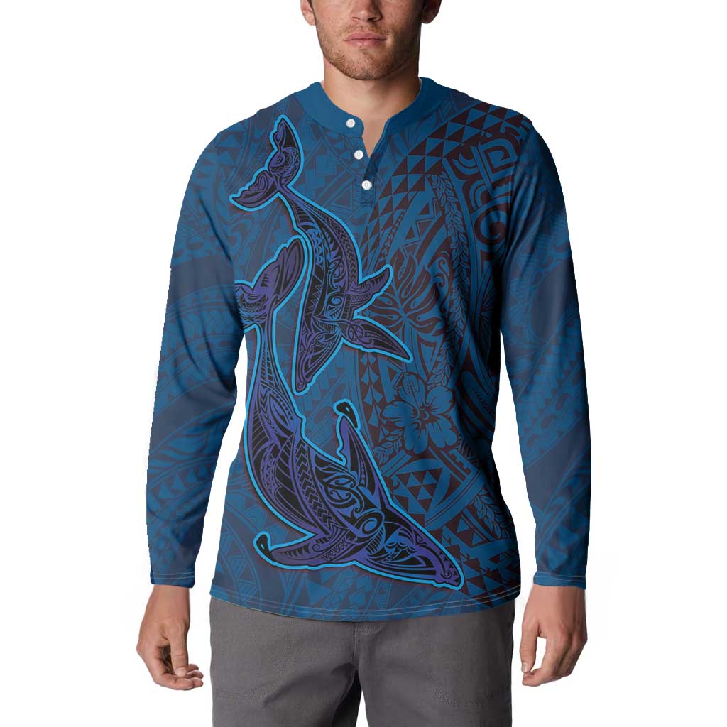 Hawaiian Whales Polynesian Art Motifs Button Sweatshirt Blue Color LT03 - Polynesian Pride