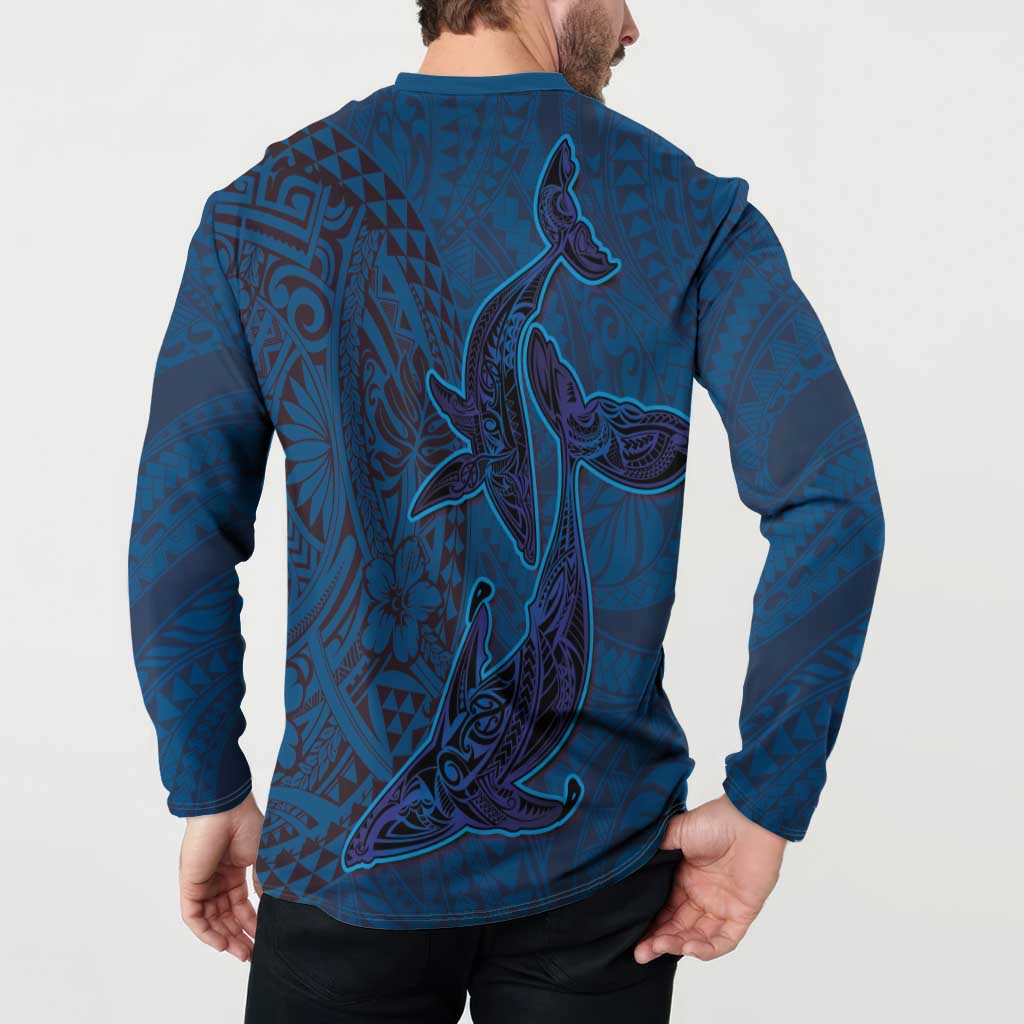 Hawaiian Whales Polynesian Art Motifs Button Sweatshirt Blue Color LT03 - Polynesian Pride