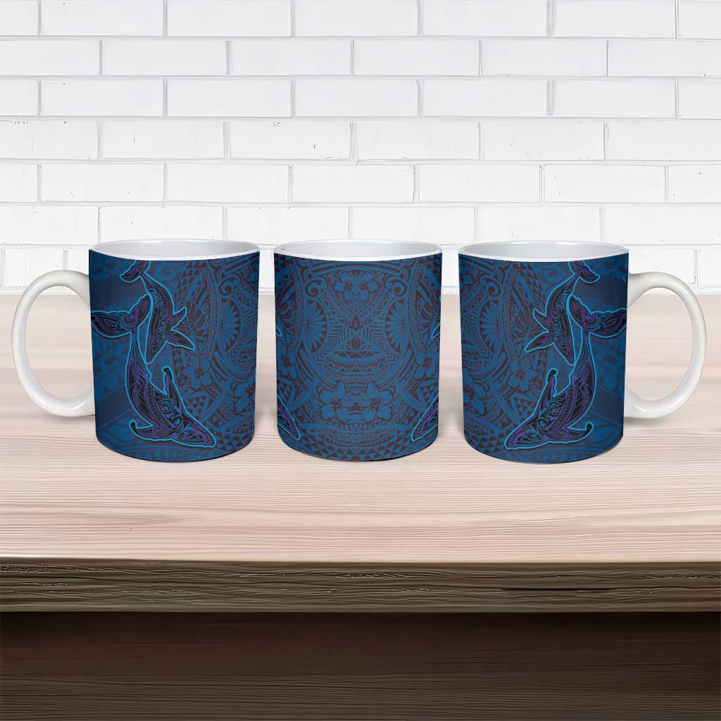 Hawaiian Whales Polynesian Art Motifs Ceramic Mug Blue Color - Polynesian Pride