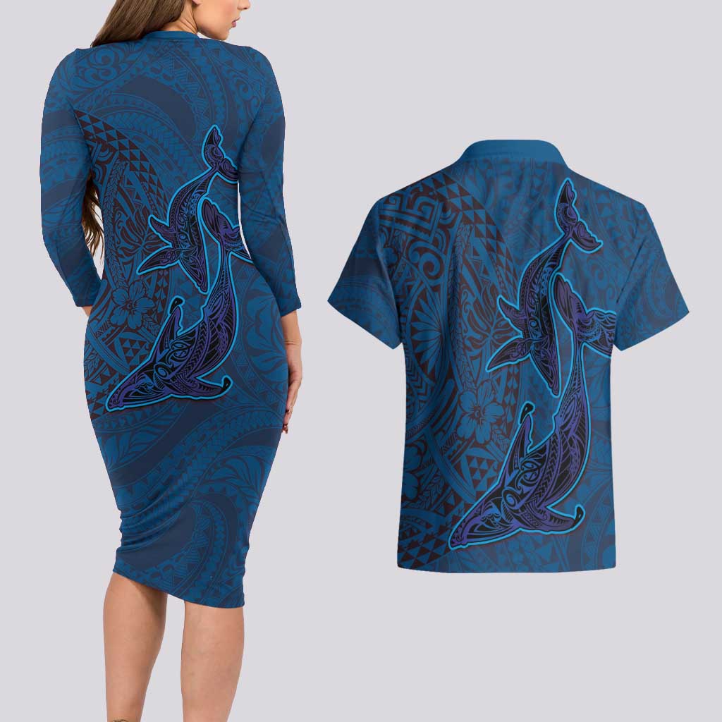Hawaiian Whales Polynesian Art Motifs Couples Matching Long Sleeve Bodycon Dress and Hawaiian Shirt Blue Color - Polynesian Pride