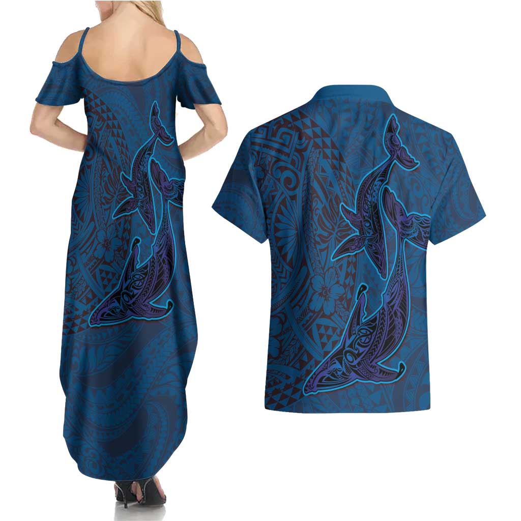Hawaiian Whales Polynesian Art Motifs Couples Matching Summer Maxi Dress and Hawaiian Shirt Blue Color - Polynesian Pride
