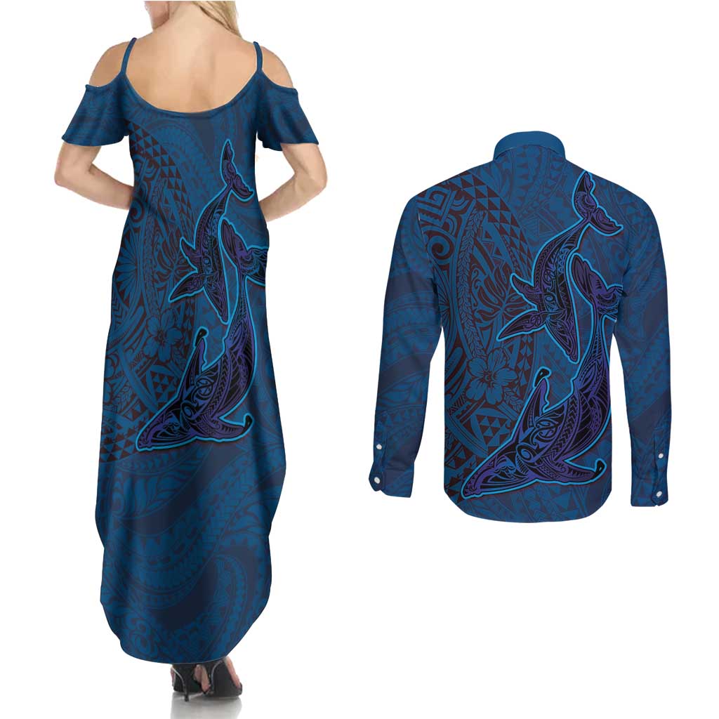 Hawaiian Whales Polynesian Art Motifs Couples Matching Summer Maxi Dress and Long Sleeve Button Shirt Blue Color - Polynesian Pride