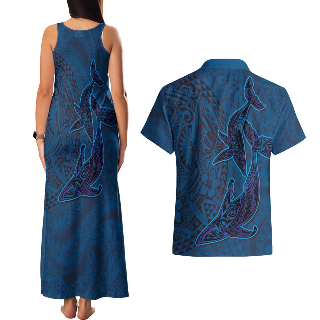 Hawaiian Whales Polynesian Art Motifs Couples Matching Tank Maxi Dress and Hawaiian Shirt Blue Color - Polynesian Pride
