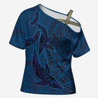 Hawaiian Whales Polynesian Art Motifs Cross Shoulder Shirt Blue Color LT03 Female Blue - Polynesian Pride