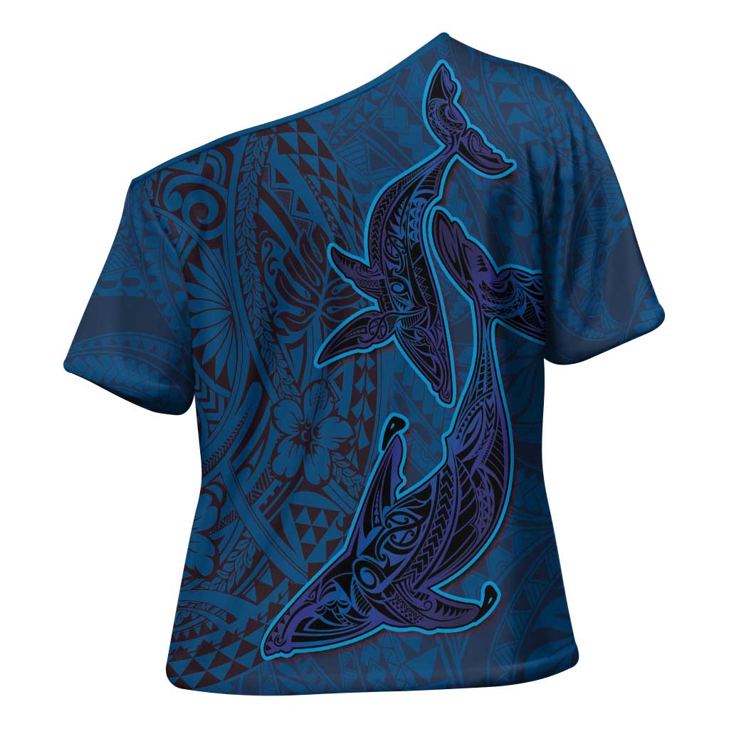 Hawaiian Whales Polynesian Art Motifs Cross Shoulder Shirt Blue Color LT03 - Polynesian Pride