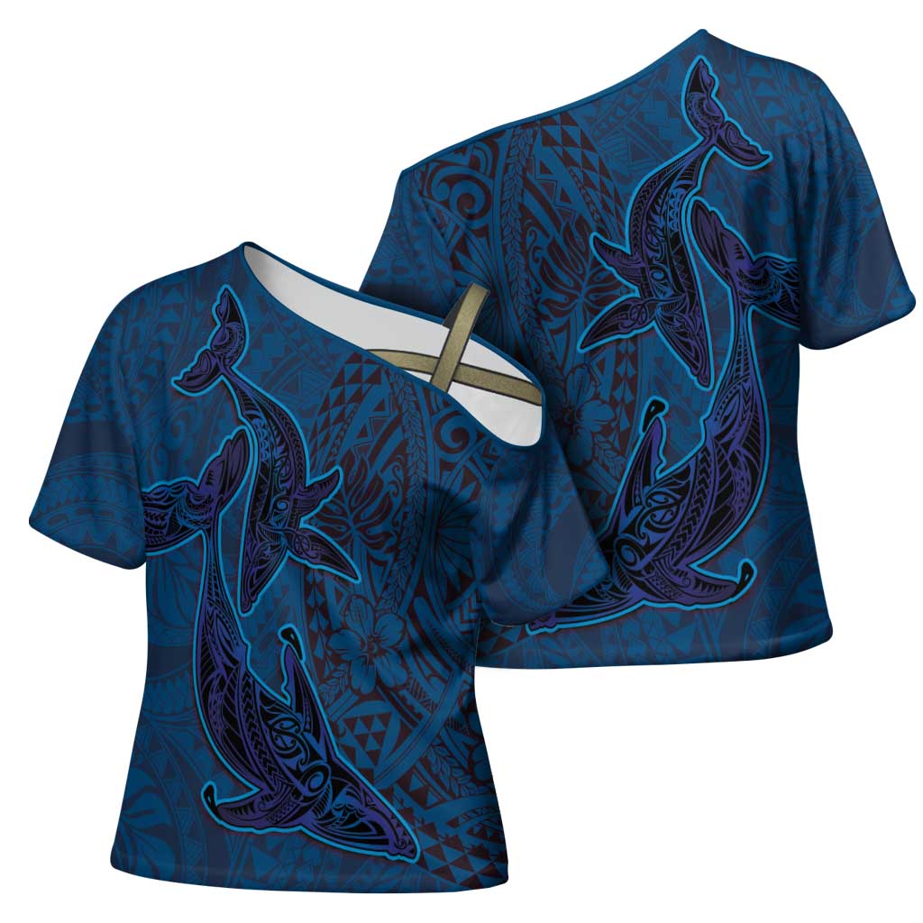 Hawaiian Whales Polynesian Art Motifs Cross Shoulder Shirt Blue Color LT03 - Polynesian Pride