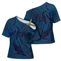Hawaiian Whales Polynesian Art Motifs Cross Shoulder Shirt Blue Color LT03 - Polynesian Pride