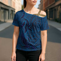 Hawaiian Whales Polynesian Art Motifs Cross Shoulder Shirt Blue Color LT03 - Polynesian Pride