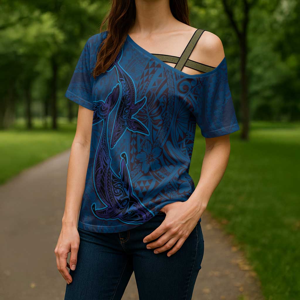 Hawaiian Whales Polynesian Art Motifs Cross Shoulder Shirt Blue Color LT03 - Polynesian Pride