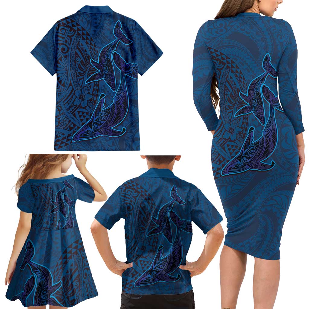 Hawaiian Whales Polynesian Art Motifs Family Matching Long Sleeve Bodycon Dress and Hawaiian Shirt Blue Color - Polynesian Pride