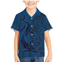 Hawaiian Whales Polynesian Art Motifs Family Matching Mermaid Dress and Hawaiian Shirt Blue Color - Polynesian Pride