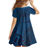 Hawaiian Whales Polynesian Art Motifs Family Matching Off The Shoulder Long Sleeve Dress and Hawaiian Shirt Blue Color - Polynesian Pride