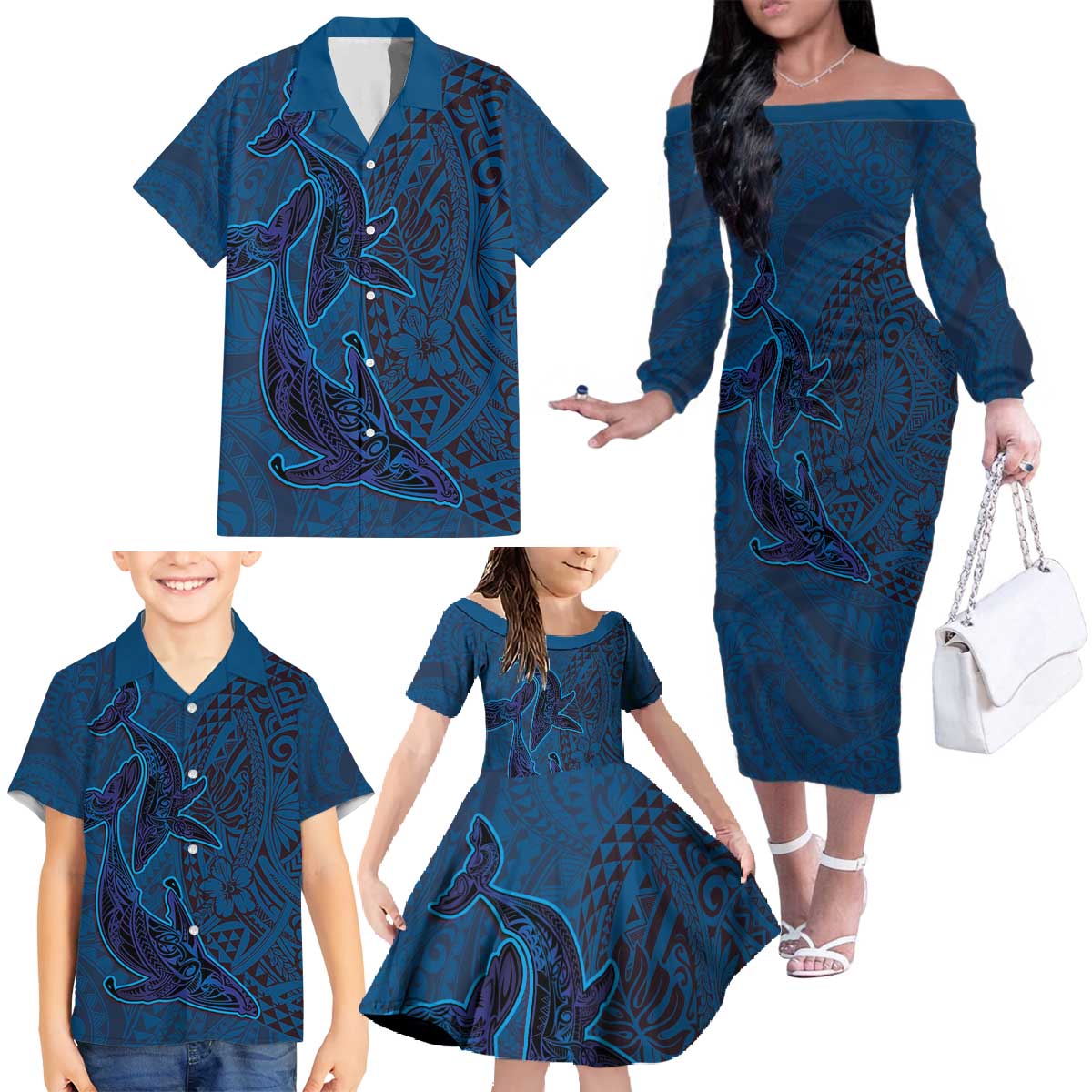 Hawaiian Whales Polynesian Art Motifs Family Matching Off The Shoulder Long Sleeve Dress and Hawaiian Shirt Blue Color - Polynesian Pride