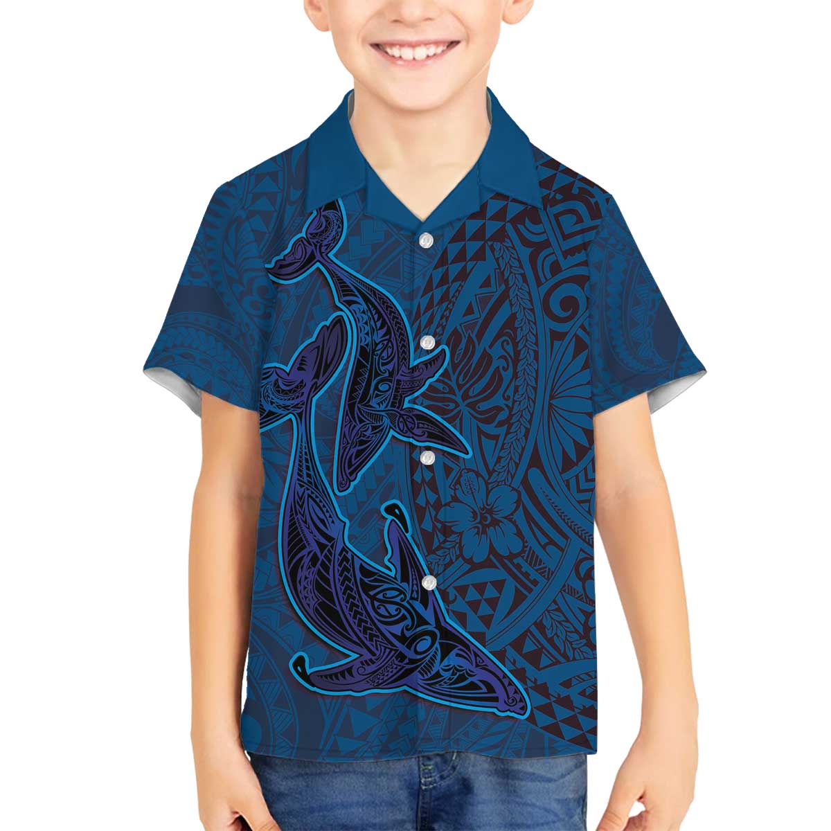 Hawaiian Whales Polynesian Art Motifs Family Matching Off The Shoulder Long Sleeve Dress and Hawaiian Shirt Blue Color - Polynesian Pride